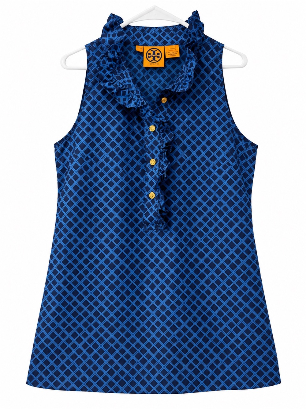 Tory Burch Blue Geometric Print Sleeveless Ruffle Blouse – Size 4